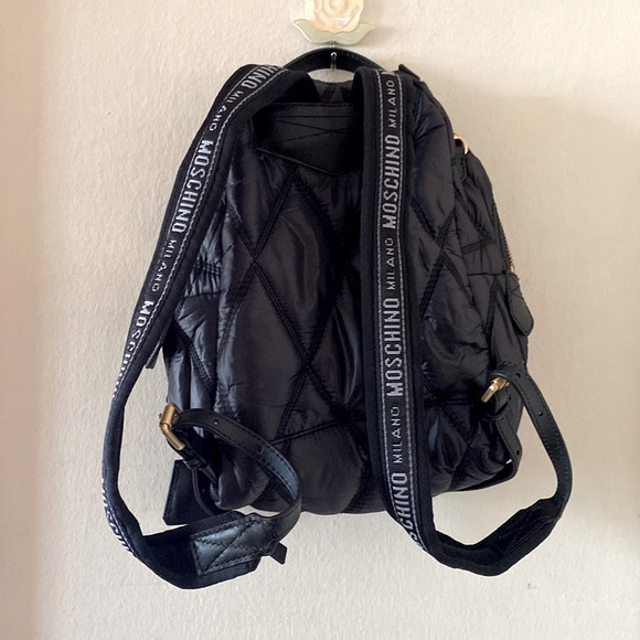 Moschino Small Black Quilted Backpack with Gold Tone Hardware, Zippers and Logo - Picture 3 of 6